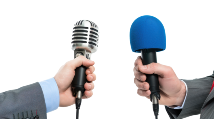 Journalists holding microphones with transparent background