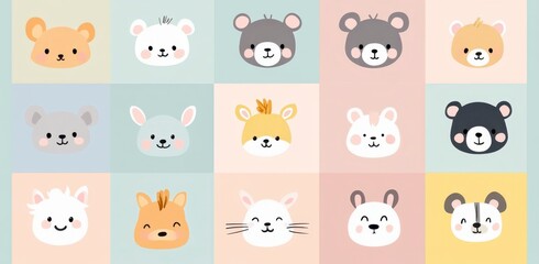 Cute and Colorful Animal Faces in a Grid Pattern for Kids
