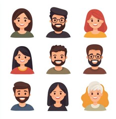 Diverse Group of Cartoon Faces Smiling in Nine Square Layout