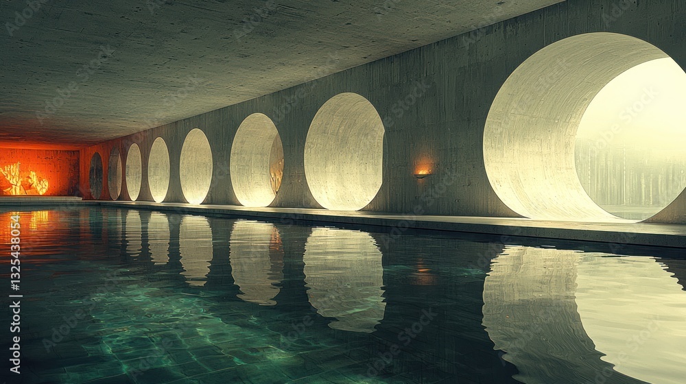 Poster modern minimalist architecture with circular windows, reflecting pool, and ambient lighting.