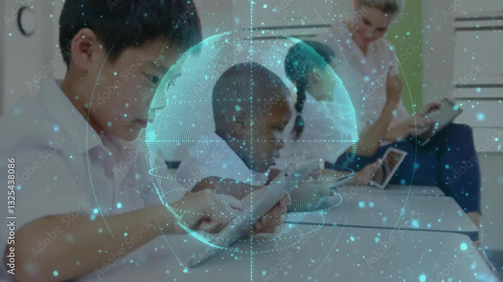 Poster children using tablets in classroom with digital globe animation overlay