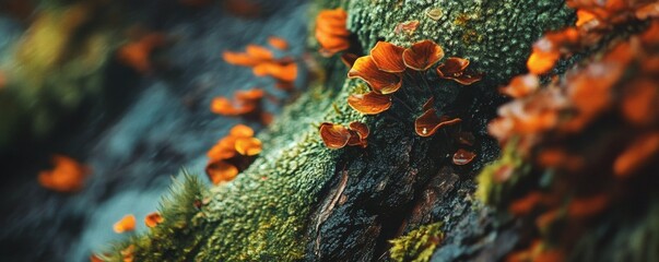 Orange mushrooms growing on a tree trunk covered in moss