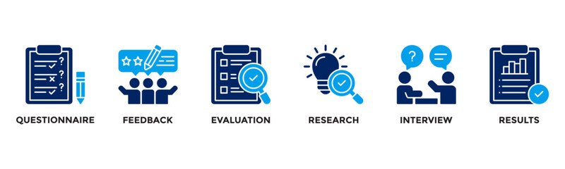 Survey icon set. Containing questionnaire, feedback, evaluation, research, interview and results.Simple flat vector illustration.	