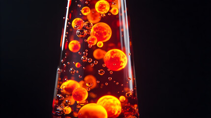 Lava lamp effect with bright neon red and orange globs floating in a dark liquid
