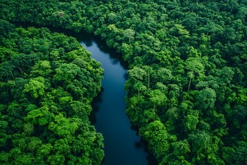 Lush Green Forested Landscape with Flowing River in Aerial View