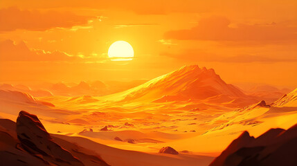 Naklejka premium Scorching desert sand dunes illuminated by the golden glow of a setting sun