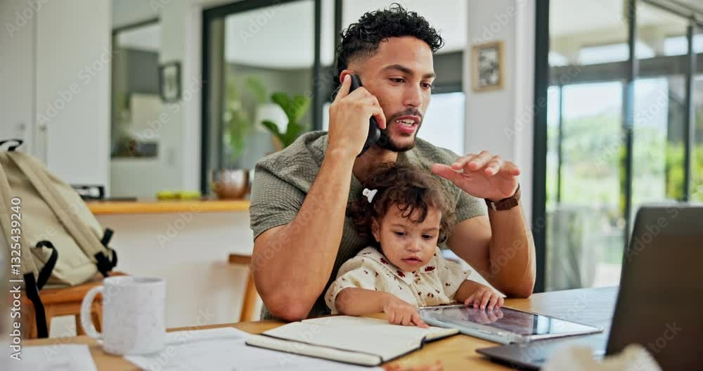 Poster remote work from home, phone call and father with baby, multitasking and conversation. family, happy