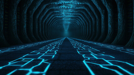 High-Tech Data Center Corridor with Glowing Lines and Futuristic Aesthetic