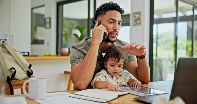 Remote work from home, phone call and father with baby, multitasking and conversation. Family, happy parent and dad with kid, child or cellphone with discussion, workflow and talking with technology
