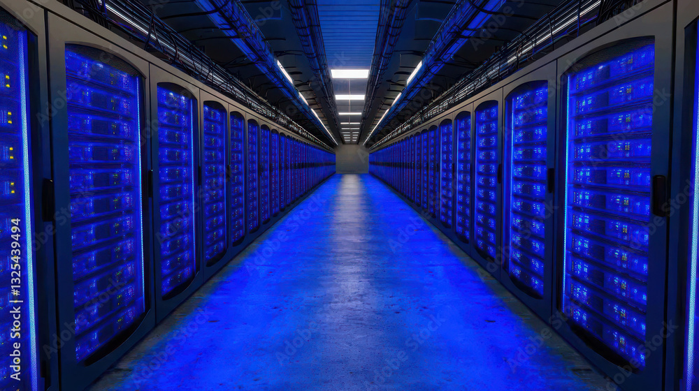 Poster futuristic high-tech data center with rows of glowing servers and led lights illuminating aisles