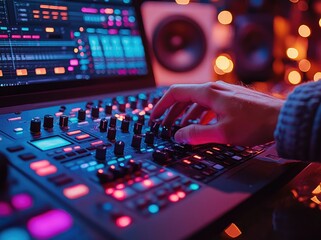 Warm Ambient Podcast Production Close-Up Hand Mixing Console and Laptop in Cozy Home Studio for Remote Content Creation and Digital Communications