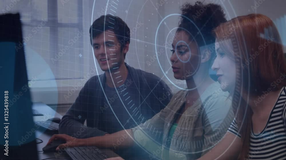 Aufkleber in school, three people working on computers with animation overlaying screen