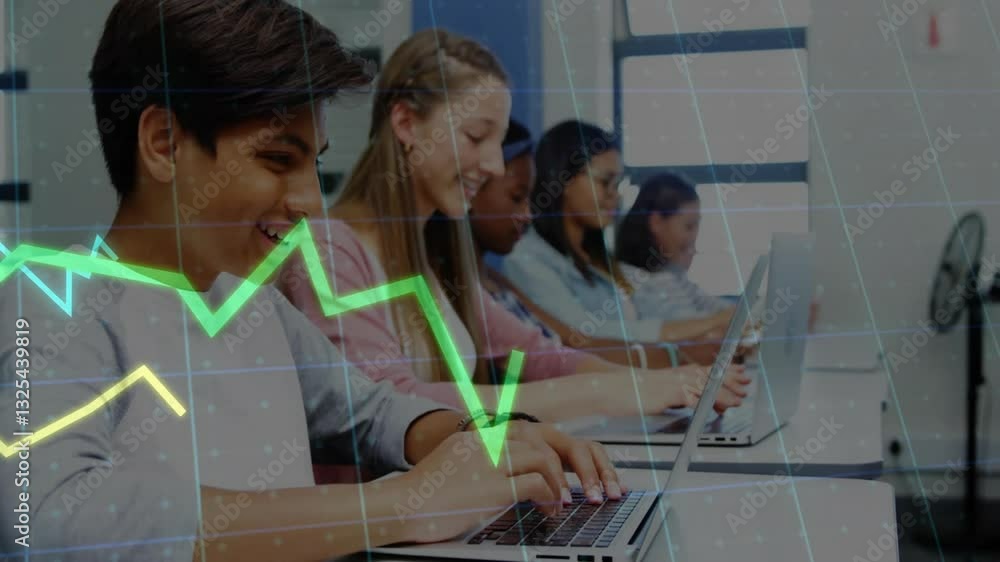 Poster in school, students using laptops with financial graph animation overlay