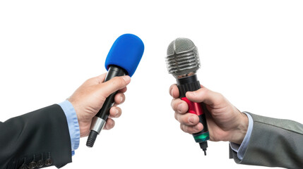 Journalists holding microphones conducting interview on transparent background