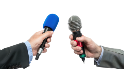 Journalists holding microphones conducting interview on transparent background
