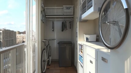 Compact urban apartment using vertical wall space for bike storage.