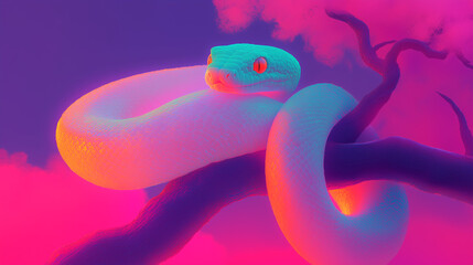 Fototapeta premium Neon anaconda coiled on a glowing tree branch in a surreal dreamscape with vibrant colors and soft clouds. 