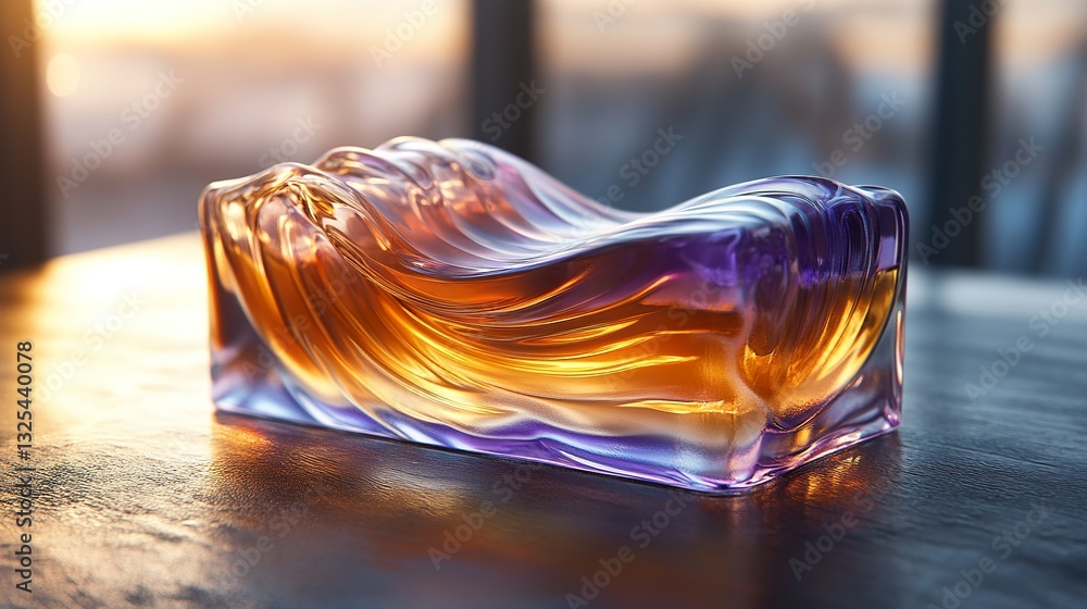 Poster an artistic glass object with colored internal waves appears illuminated