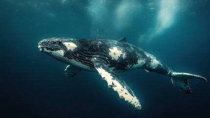 Naklejka premium Underwater view of a humpback whale swimming gracefully in the ocean.