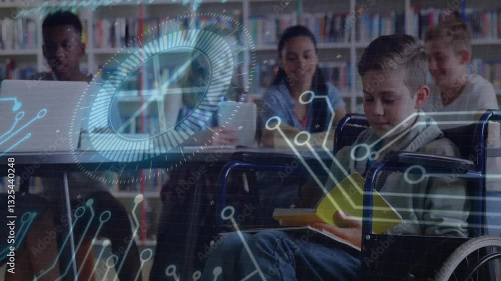 Poster digital network animation over diverse students reading in library setting