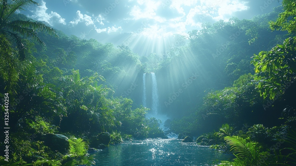 Poster sunbeams illuminate a hidden waterfall cascading into a lush jungle pool.