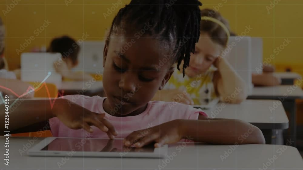 Poster children using tablets in classroom with data graph animation overlay