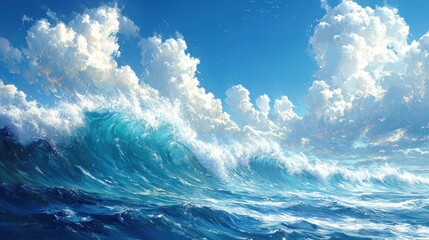 Dramatic ocean waves under a vibrant blue sky with fluffy white clouds.