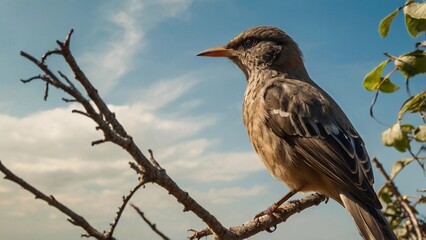 Highly Detailed Bird Perched on a Branch Searching for the Horizon, Isolated Against a Soft Blurred Sky Background in Natural Environment