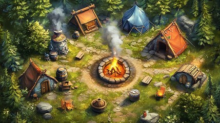 A quaint campsite nestled among the trees with a bonfire