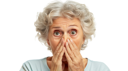 Shocked senior woman covering her mouth with hands on transparent background