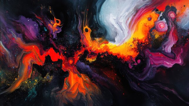 Surrealistic paint puff explosion, fiery pigment clouds twisting