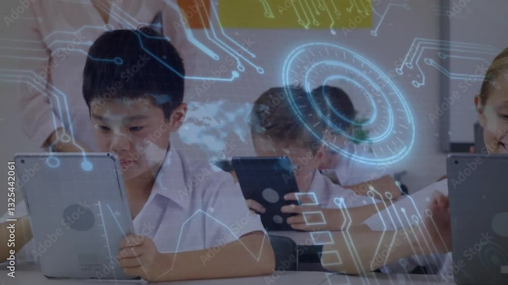 Poster children using tablets in classroom with digital technology animation overlay