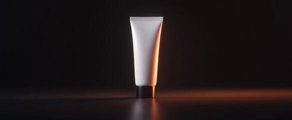 sleek white tube of cream stands against dark background, illuminated softly, creating modern and elegant look