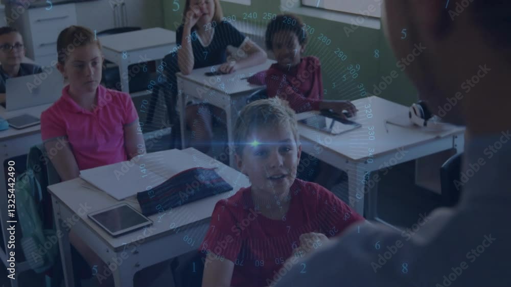 Poster students in classroom with digital data processing animation over teacher