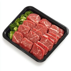 Freshly Cut Raw Beef Steak Pieces with Green Leaf Garnish