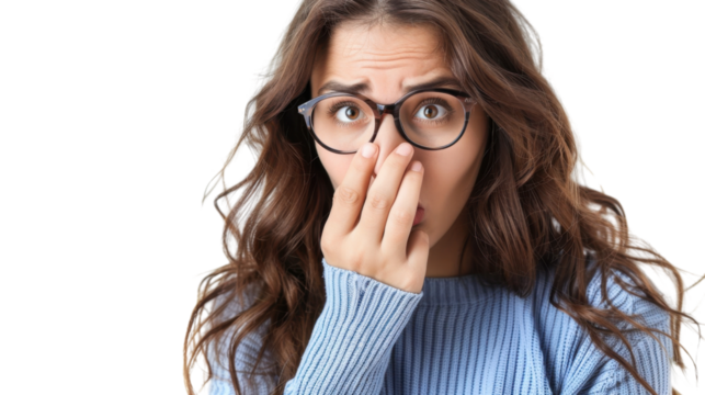 Young woman covering her nose feeling disgusted by bad smell on transparent background
