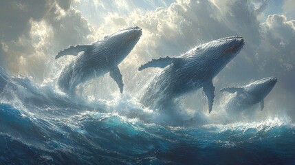Fototapeta premium Three whales leaping from ocean waves under dramatic sky.