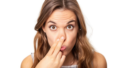 Fototapeta premium Young woman holding nose and making funny face on transparent background