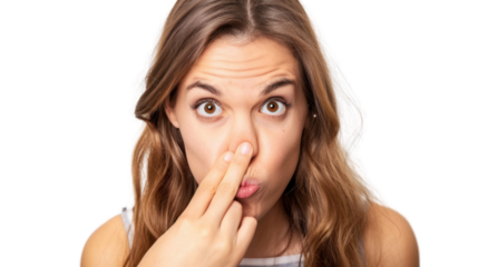 Young woman holding nose and making funny face on transparent background