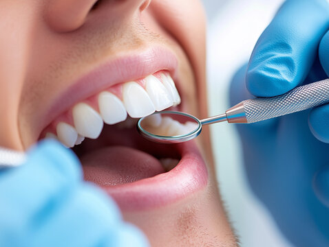 close up of smiling man receiving dental treatment, showcasing bright white teeth and dental tools. atmosphere is positive and reassuring, highlighting oral health care
