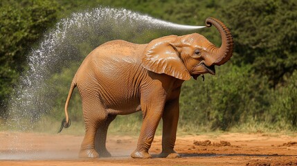 Obraz premium An elephant joyfully sprays water over itself in a natural setting, showcasing its playful behavior and the beauty of wildlife.