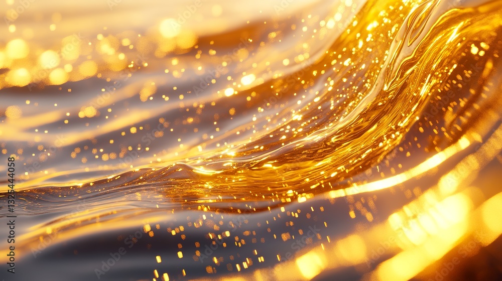 Aufkleber golden liquid flowing with sparkling particles and undulating forms