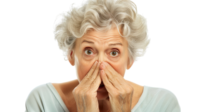 Shocked senior woman covering her mouth with hands on transparent background