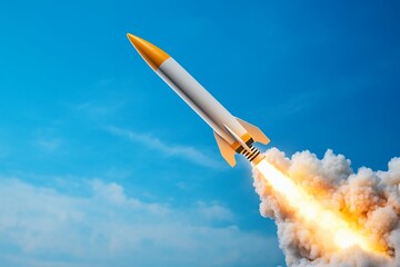 Powerful Rocket Launch Against Vivid Blue Sky