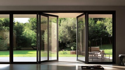 Fototapeta premium Minimalist folding doors with glass panels and slim black frames.