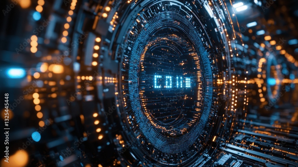 Poster futuristic digital tunnel with glowing code.