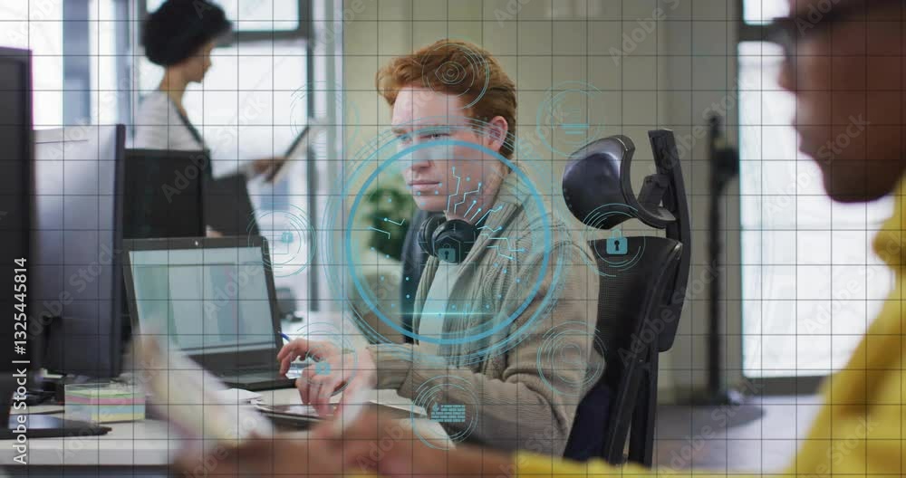 Poster in school, animation of digital security overlay on computer screen with man working