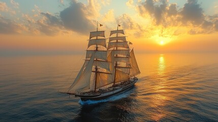 Obraz premium Majestic sailing ship at sunset, ocean view.