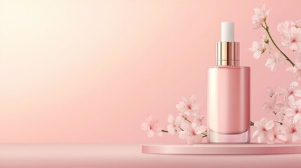 cosmetic product displayed elegantly with pink flowers, creating serene atmosphere. soft colors and floral elements enhance beauty of product