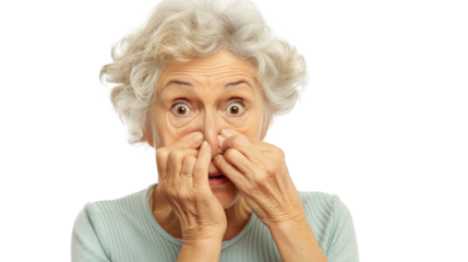 Shocked senior woman holding nose expressing disgust on transparent background